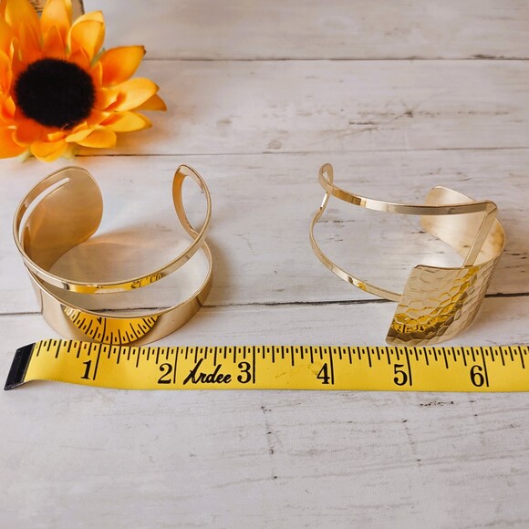 (2) Asymmetrical Gold Tone Cuff Bracelets-Hammered Look, Chic, Elegant - Picture 13 of 13